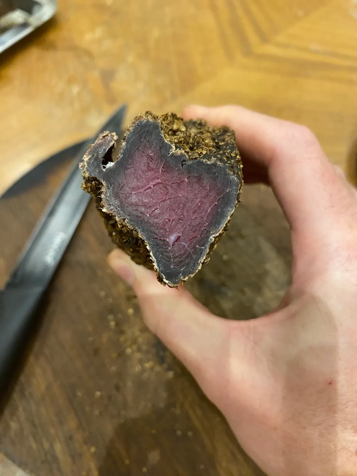 Unassigned biltong cross-section with a darker outside and red centre